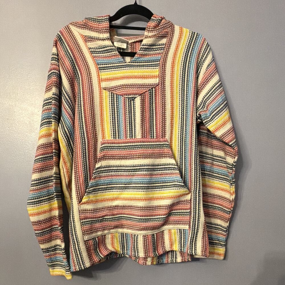 Ron Jon Surf Baja L Striped Beach Pullover Hoodie Boho 90s Poncho Drug Rug